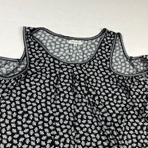 Max Studio Cold Shoulder Floral Top XL Black White Boho Cottagecore Casual Shirt - Picture 3 of 10